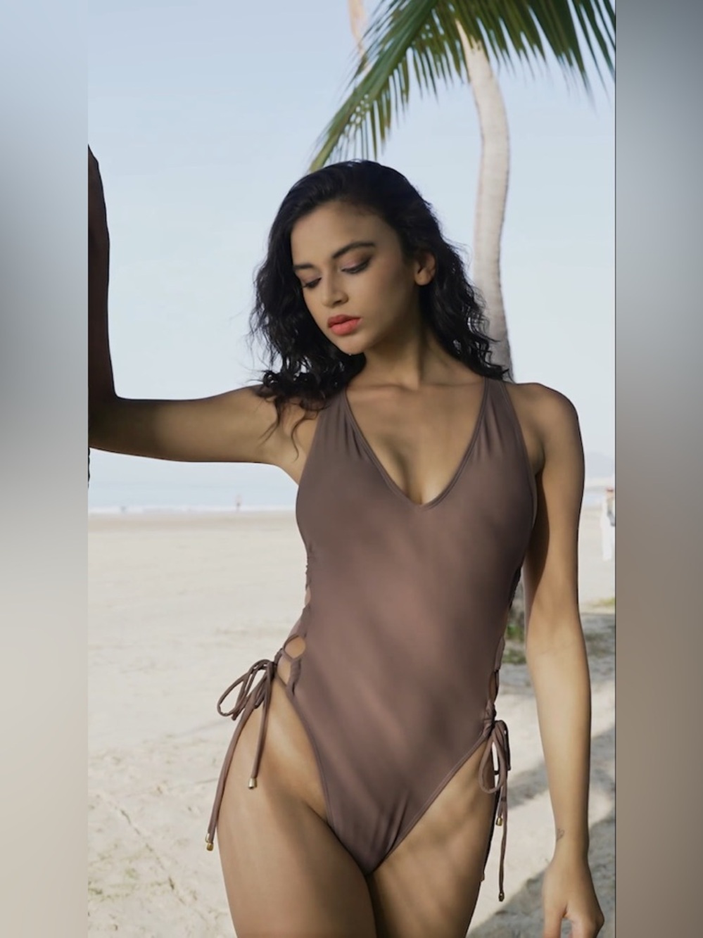 SOLD❌ 
 One Piece side tie, corset back/open back taupe bikini beach